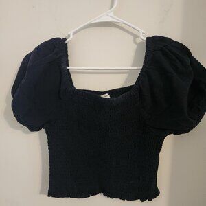 American Eagle Navy Blue Smocked Puffsleeve Cropped Top Small
